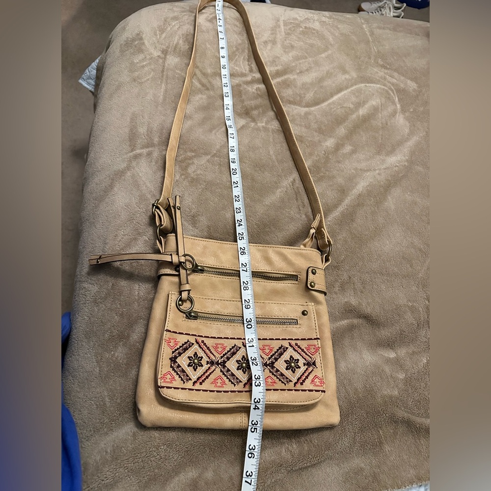 Tan Crossbody Bag with Embroidered Design